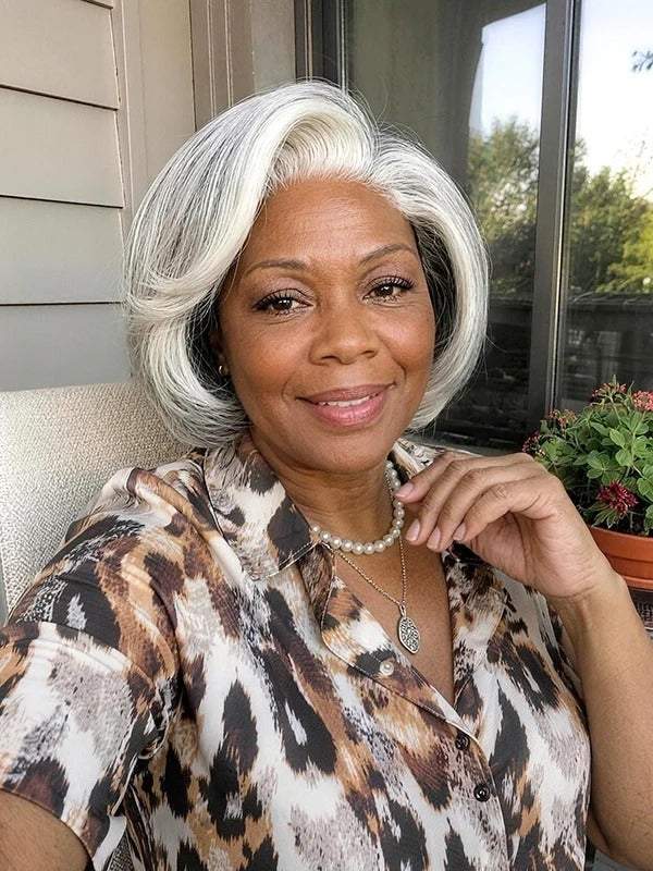 5x5 Lace Salt And Pepper Layered Swoop Bob Glueless Gray Wig