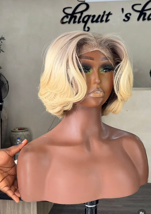 Raw donor blonde 14” layered bob 5x5 hd closure wig 340k