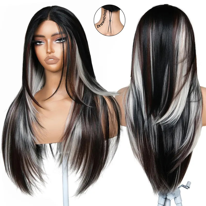 Calico Neapolitan Synthetic Lace Front Wig - 26 Inch, Glueless, Pre-Cut T Lace, Pre-Plucked, Face Framing Bangs, Perfect Middle Part, Airy Heat Resistant, Summer-Ready for Daily Wear, Parties, Heat Resistant Wigs, Synthetic Material Wigs