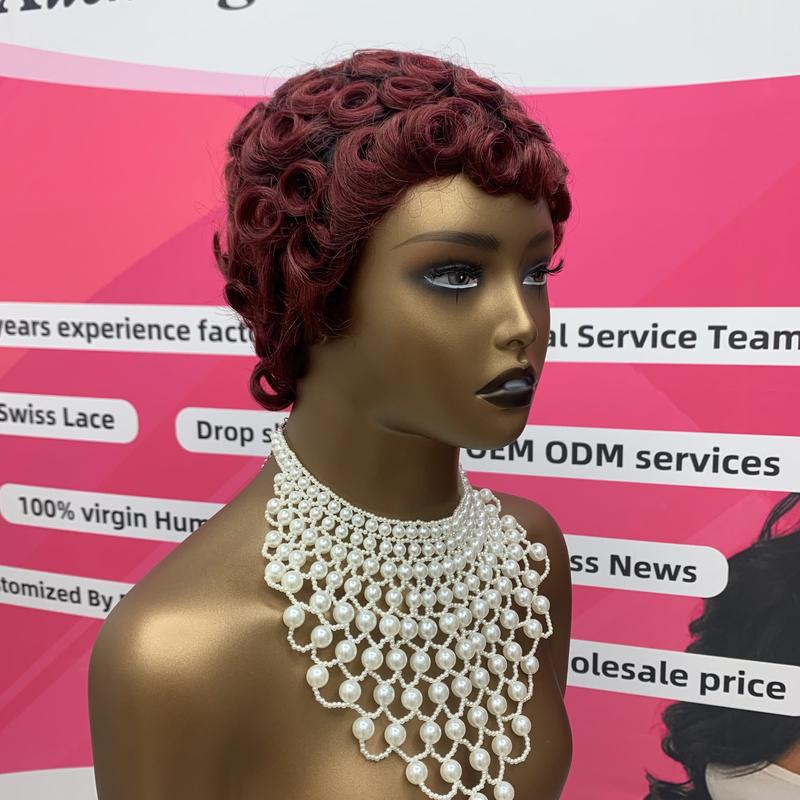 Short Pixie Cut Egg Wavy Curly Bomb Black Colorful Mommy Wig Pin Curls Brizalian Virgin Human Hair Cute Style Wigs For Black Woman Daily Party Use