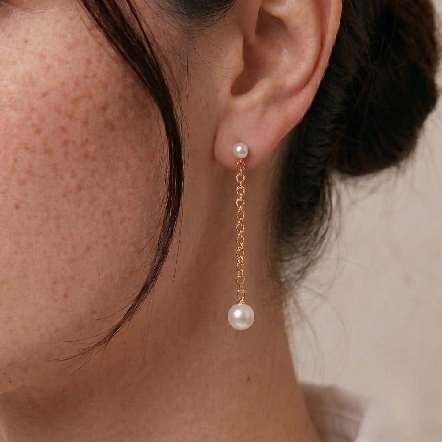 18K Solid Gold Double Akoya Pearl Drop Chain Earrings