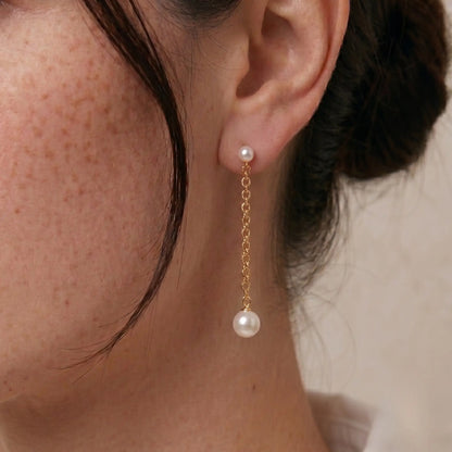 18K Solid Gold Double Akoya Pearl Drop Chain Earrings