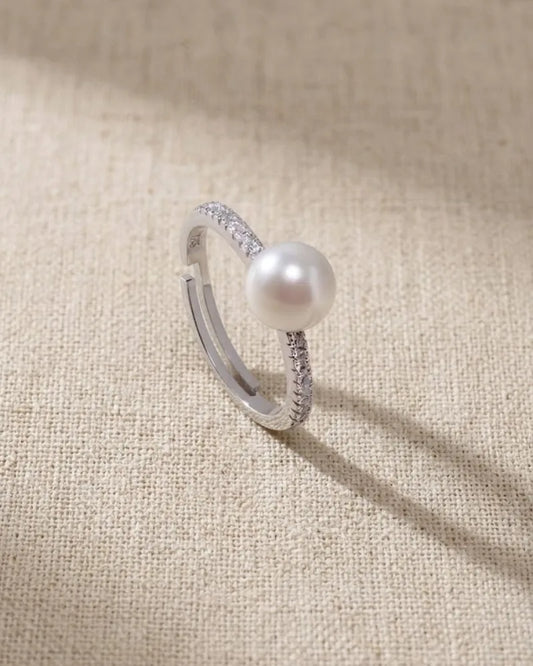 9-9.5mm Large White Pearl Ring, Adjustable S925 Sterling Silver Ring