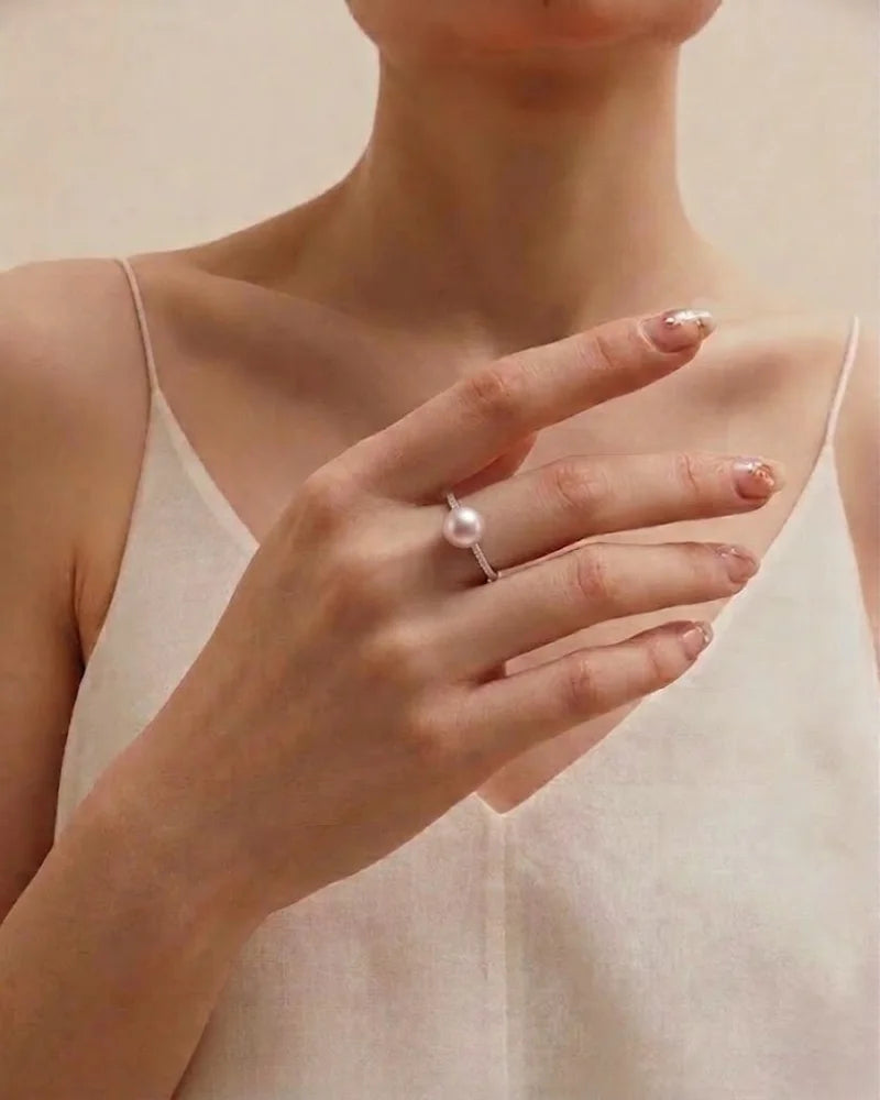 9-9.5mm Large White Pearl Ring, Adjustable S925 Sterling Silver Ring