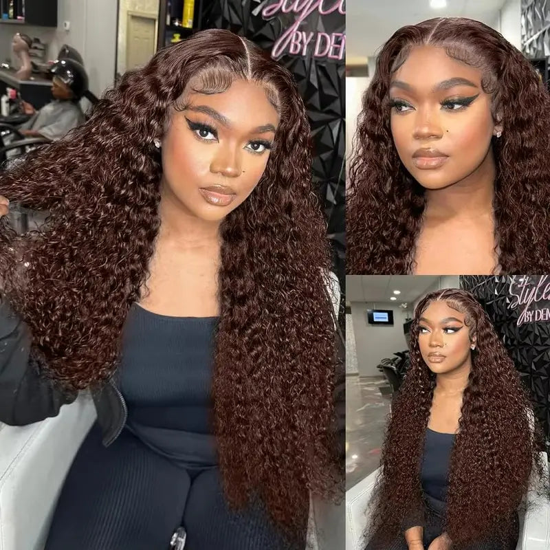 Chocolate Brown Lace Front Wigs Human Hair 13x6 Deep Wave Lace Front Wigs Human Hair 180Density HD Colored Deep Curly Lace Frontal Wigs for Women Pre Plucked with Natural Hairline Brown Wig SummerVibes
