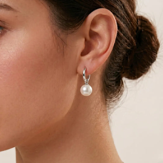 925 Sterling Silver White Gold Plated Akoya Pearl Hoop Earrings (Hypoallergenic)