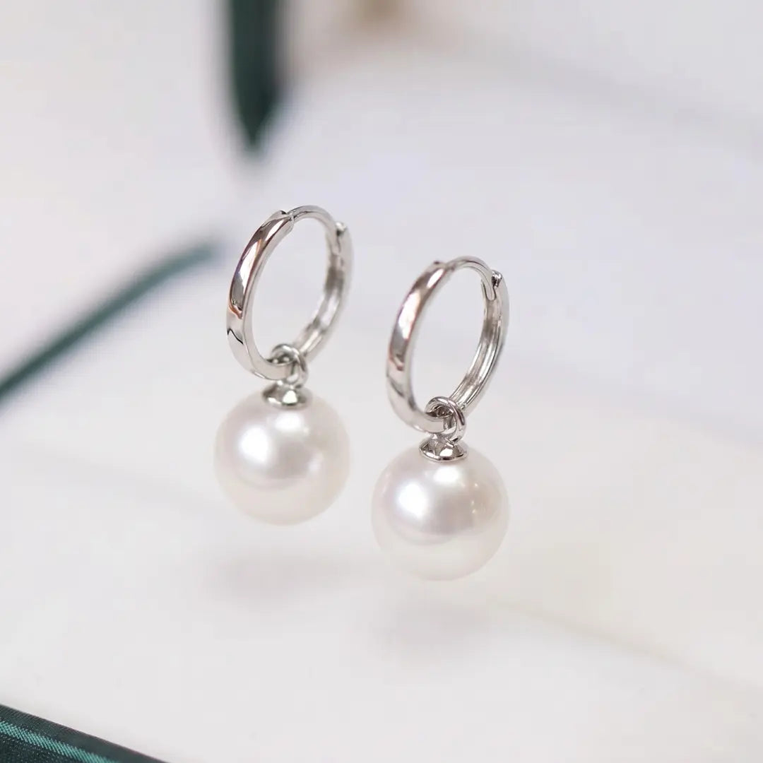 925 Sterling Silver White Gold Plated Akoya Pearl Hoop Earrings (Hypoallergenic)