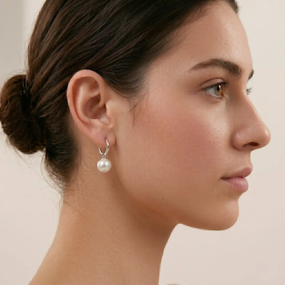 925 Sterling Silver White Gold Plated Akoya Pearl Hoop Earrings (Hypoallergenic)