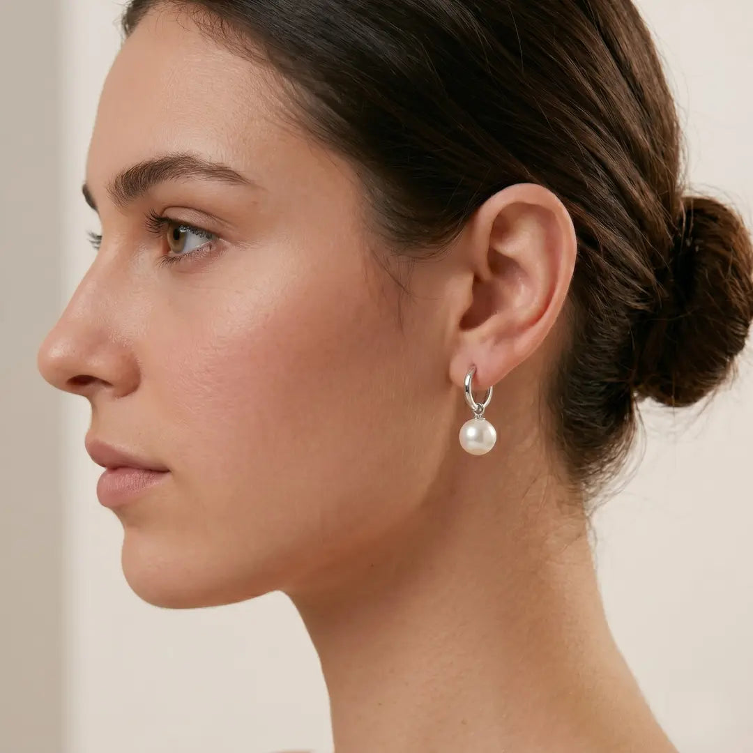 925 Sterling Silver White Gold Plated Akoya Pearl Hoop Earrings (Hypoallergenic)