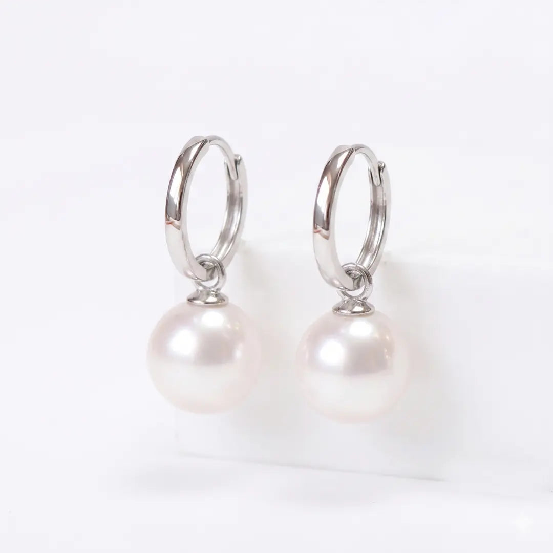 925 Sterling Silver White Gold Plated Akoya Pearl Hoop Earrings (Hypoallergenic)