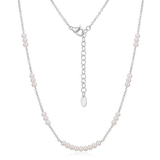 925 Sterling Silver Tiny Baby Pearl Necklace, 18K White Gold Plated Dainty Station Choker