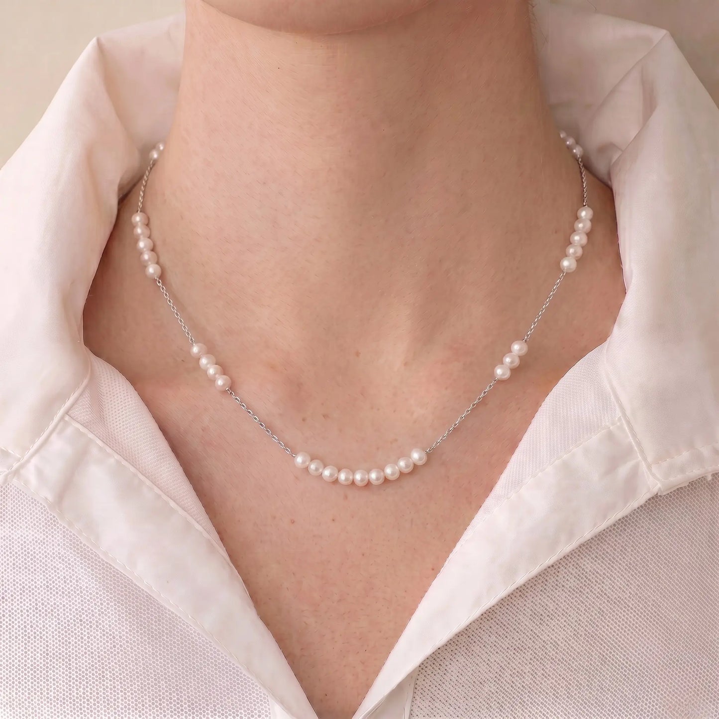 925 Sterling Silver Tiny Baby Pearl Necklace, 18K White Gold Plated Dainty Station Choker