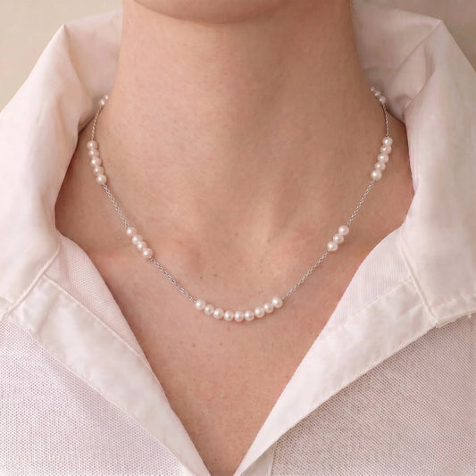 925 Sterling Silver Tiny Baby Pearl Necklace, 18K White Gold Plated Dainty Station Choker