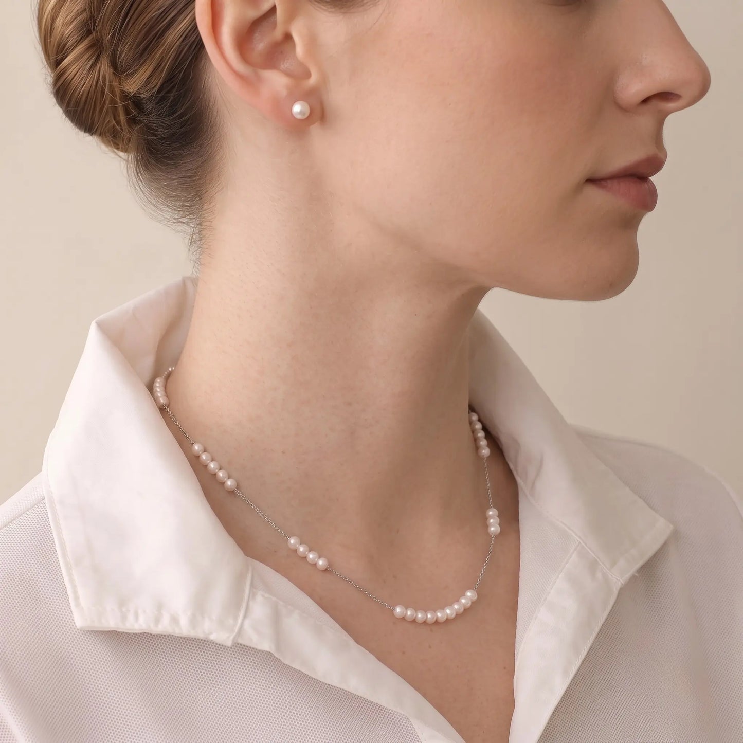 925 Sterling Silver Tiny Baby Pearl Necklace, 18K White Gold Plated Dainty Station Choker