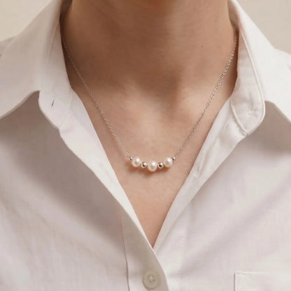 925 Sterling Silver 3-Pearl Station Choker Necklace for Women