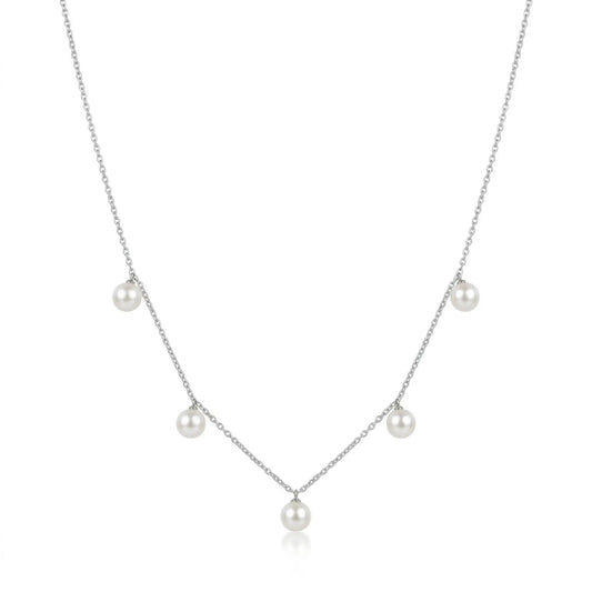 5-5.5mm Pearl Station Drop Necklace in Sterling Silver - Minimalist Freshwater Pearl Dangle Choker