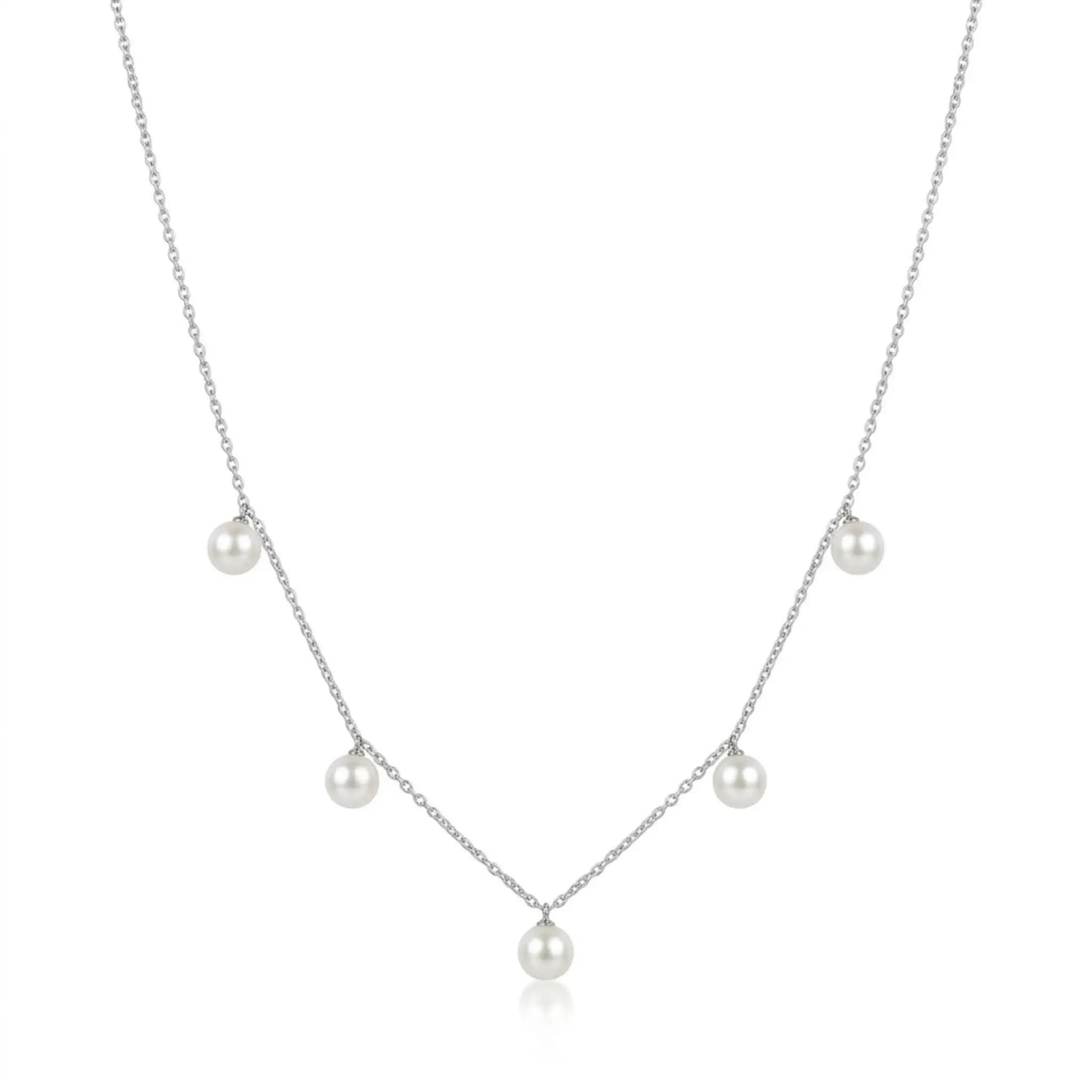 5-5.5mm Pearl Station Drop Necklace in Sterling Silver - Minimalist Freshwater Pearl Dangle Choker