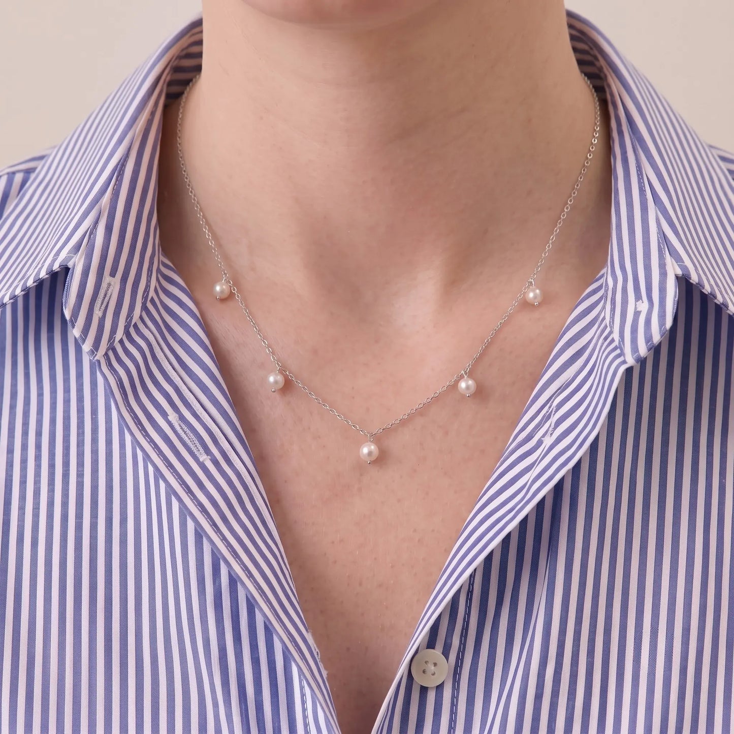 5-5.5mm Pearl Station Drop Necklace in Sterling Silver - Minimalist Freshwater Pearl Dangle Choker