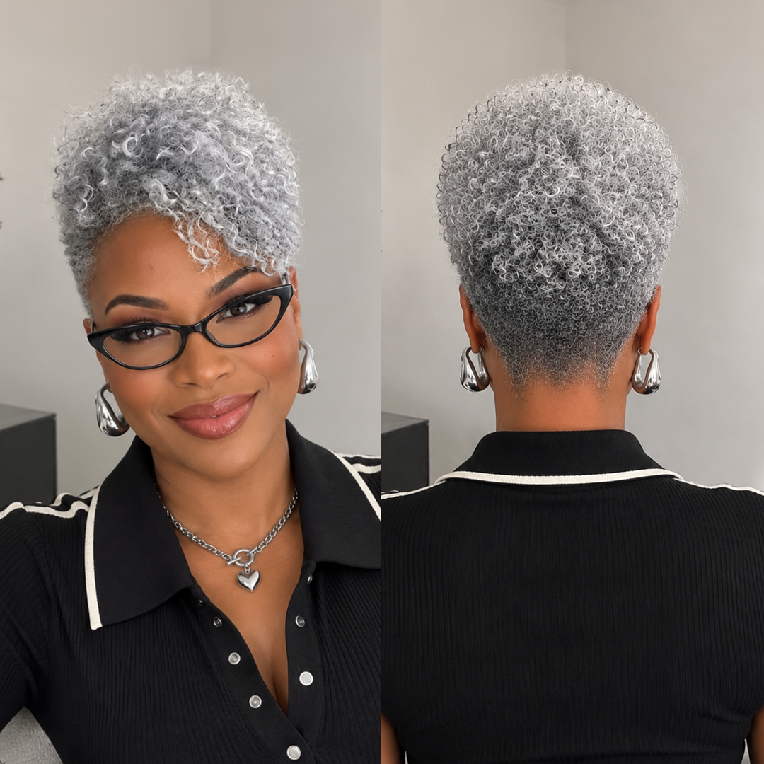 More Salt Than Pepper Grey Kinky Curly Style 100% Human Hair Wig