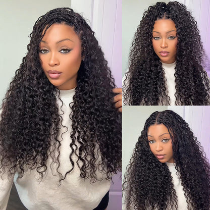 Knotless Boho Braids HD 13x6 Lace Frontal Human Hair Wig Flexi Fit Drawstring Cap Water Wave Glueless Braided Wigs