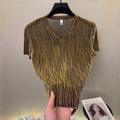 V-neck stretch semi-transparent shimmering T-shirt
