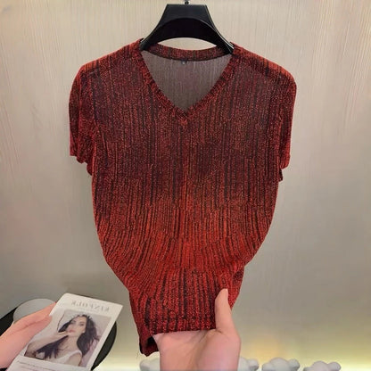 V-neck stretch semi-transparent shimmering T-shirt