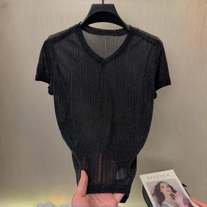 V-neck stretch semi-transparent shimmering T-shirt