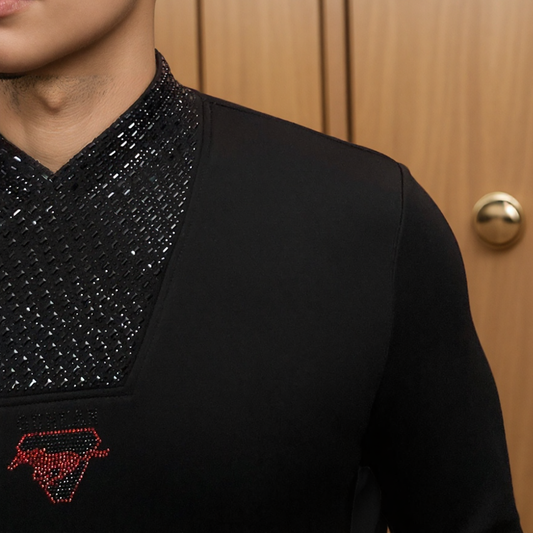 Rhinestone collar pure cotton fleece-lined warm top