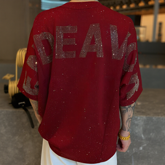 Oversized Back Letter Rhinestone Drop Shoulder T-Shirt