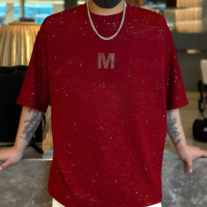 Oversized Back Letter Rhinestone Drop Shoulder T-Shirt