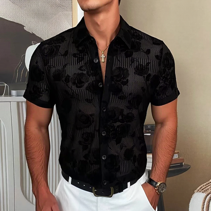 Vertical Stripe Rose Flocked Sheer Short Sleeve Shirt