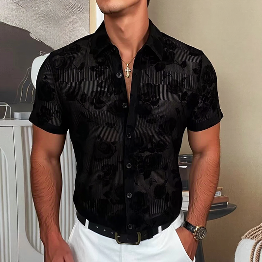 Vertical Stripe Rose Flocked Sheer Short Sleeve Shirt