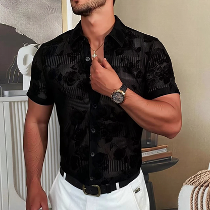 Vertical Stripe Rose Flocked Sheer Short Sleeve Shirt