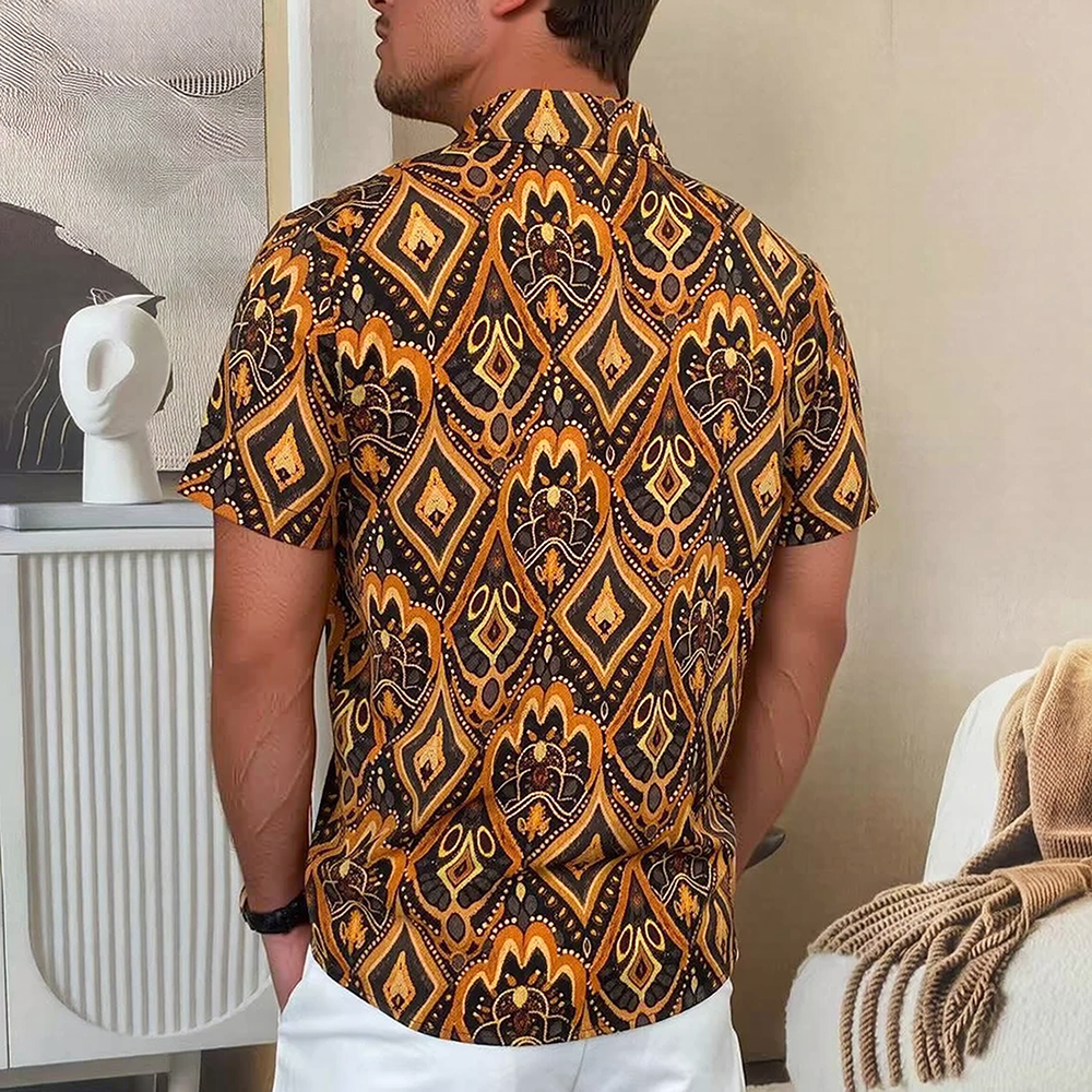 Vintage Ethnic Diamond Full Print Short Sleeve Shirt