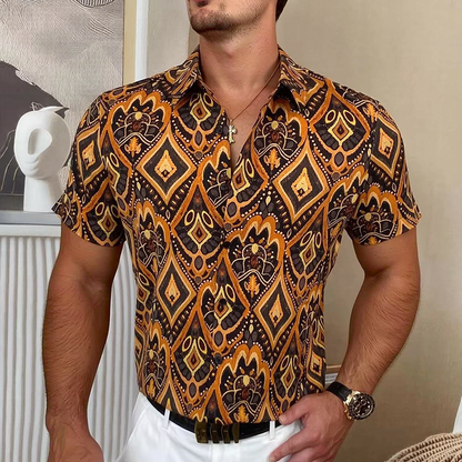 Vintage Ethnic Diamond Full Print Short Sleeve Shirt