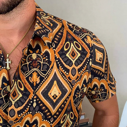 Vintage Ethnic Diamond Full Print Short Sleeve Shirt