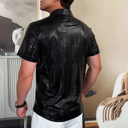 Crocodile Texture Shiny Faux Leather Slim-Fit Short Sleeve Shirt