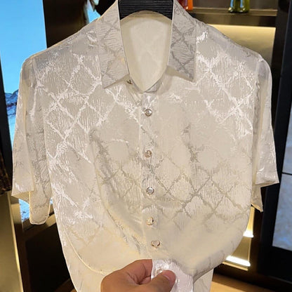 Reflective plaid silk acetate short-sleeved shirt