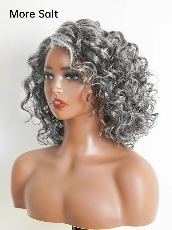 5x5 Gentle Curly Salt And Pepper Glueless Grey Color Pre-Cut Lace Bob Wig