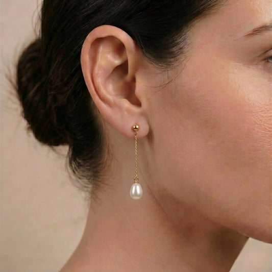 Genuine 18K Yellow Gold Premium Rice Pearl Long Drop Earrings