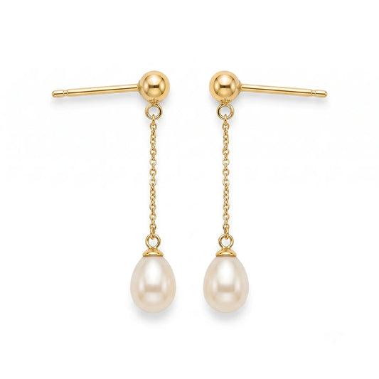 Genuine 18K Yellow Gold Premium Rice Pearl Long Drop Earrings