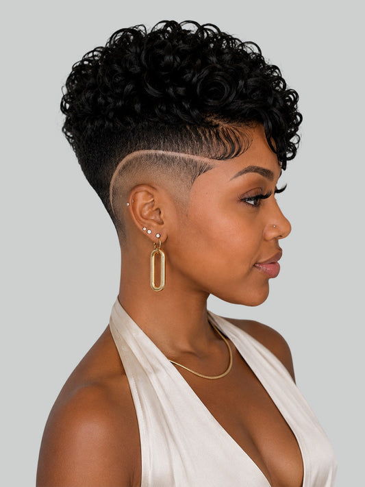 Pixie wig curly 6 inches Black 100% human hair Glueless with Full lace TWA with Fade and Hard Part style 8
