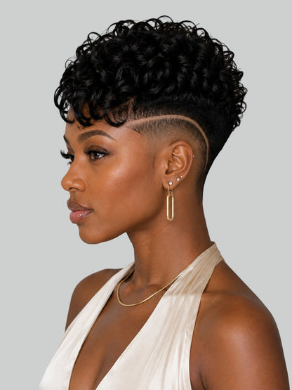 Pixie wig curly 6 inches Black 100% human hair Glueless with Full lace TWA with Fade and Hard Part style 8