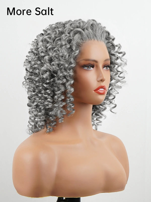 13x4 Salt & Pepper Bouncy Curls Glueless Grey Wig 100% Human Hair