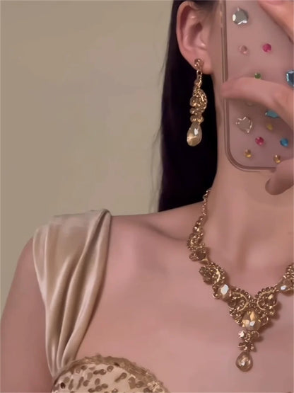 Champagne teardrop tassel rhinestone earrings & necklace Set