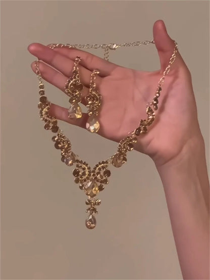 Champagne teardrop tassel rhinestone earrings & necklace Set