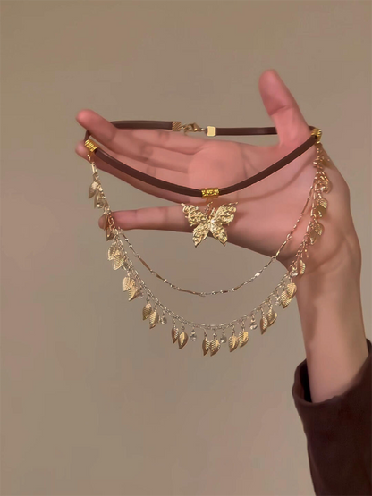 Maillard leaf-shaped tassels leather necklace