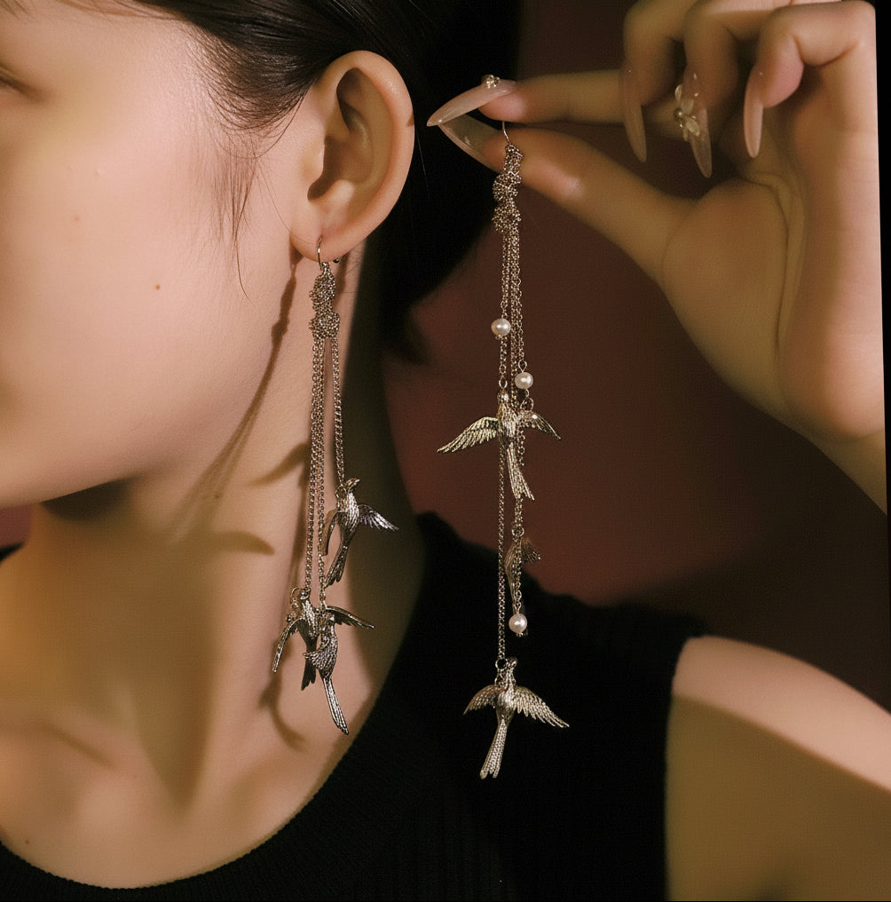 Original Design Natural Pearl Bird Chain Earrings