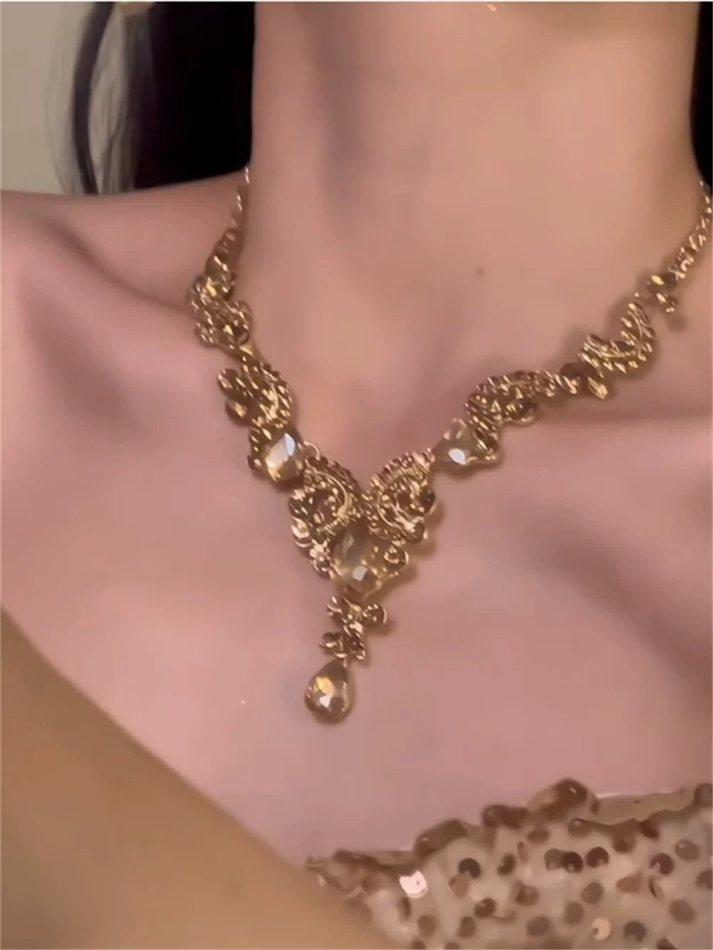 Champagne teardrop tassel rhinestone earrings & necklace Set
