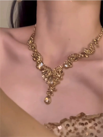 Champagne teardrop tassel rhinestone earrings & necklace Set